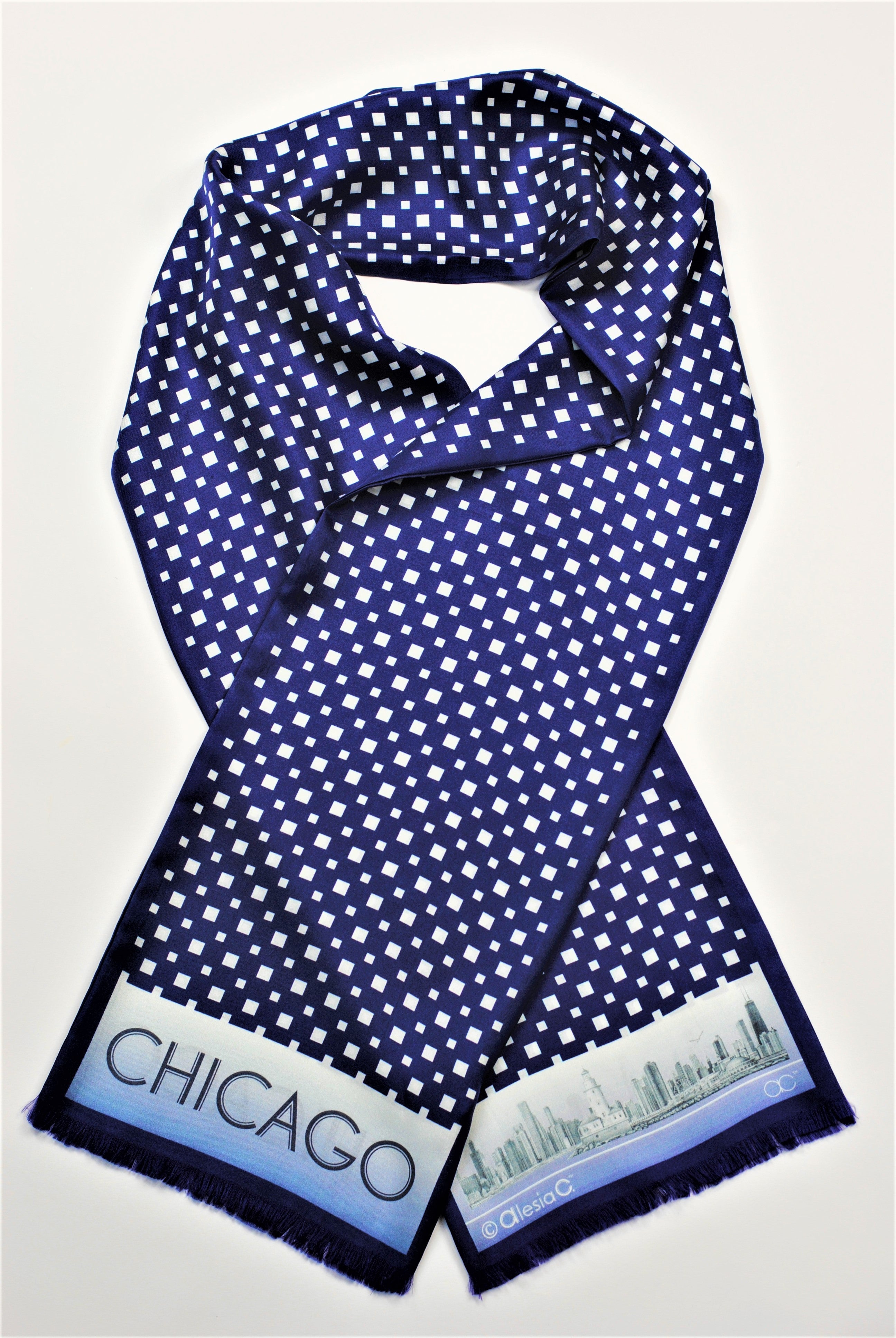 Chicago Skyline Silk Scarf - Navy Blue White – AlesiaC.com