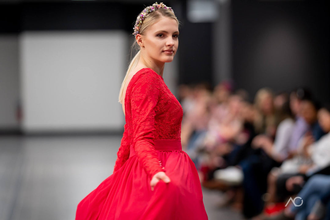 Alesia C. GODDESS Red Boat Neckline Lace Bodice Long Sleeves Lace Open Low Back A-Line Chiffon Haute Couture Gown