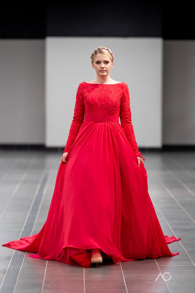 Alesia C. GODDESS Red Boat Neckline Lace Bodice Long Sleeves Lace Open Low Back A-Line Chiffon Haute Couture Gown