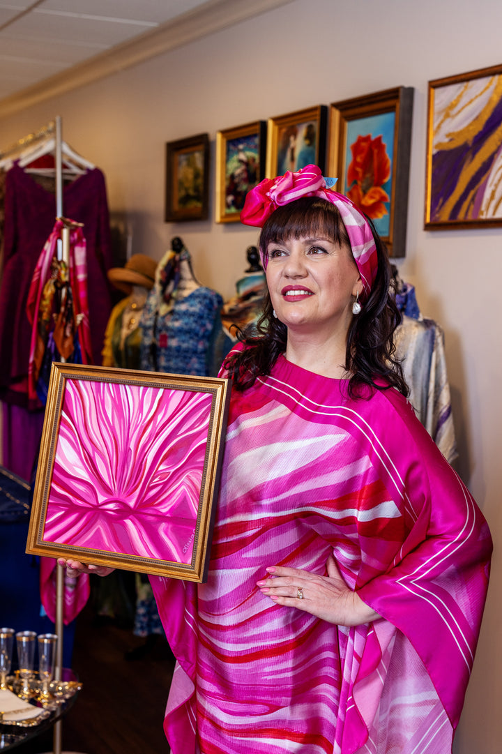 Fashion Designer Alesia Chaika in her PINK LOVE Pure Silk Maxi Caftan at her Fashion House In Lake Forest, IL Art-A-Porte by Alesia C. AlesiaC.com