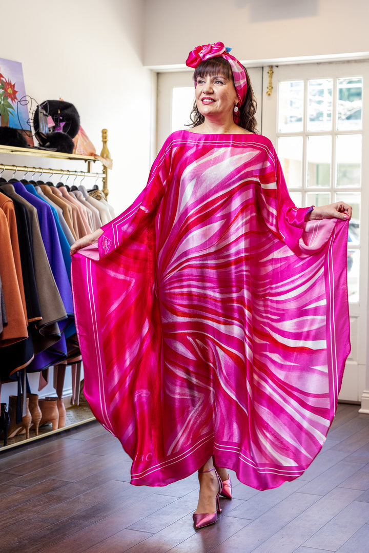 Fashion Designer Alesia Chaika in her PINK LOVE Pure Silk Maxi Caftan at her Fashion House In Lake Forest, IL Art-A-Porte by Alesia C. AlesiaC.com