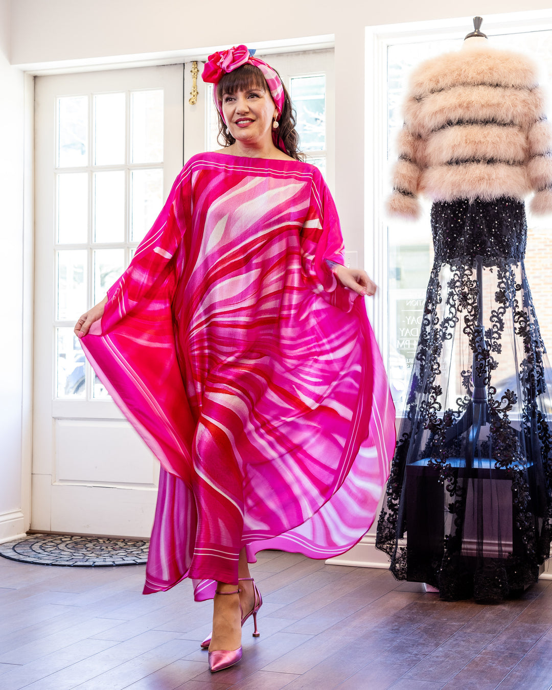 Fashion Designer Alesia Chaika in her PINK LOVE Pure Silk Maxi Caftan at her Fashion House In Lake Forest, IL Art-A-Porte by Alesia C. AlesiaC.com