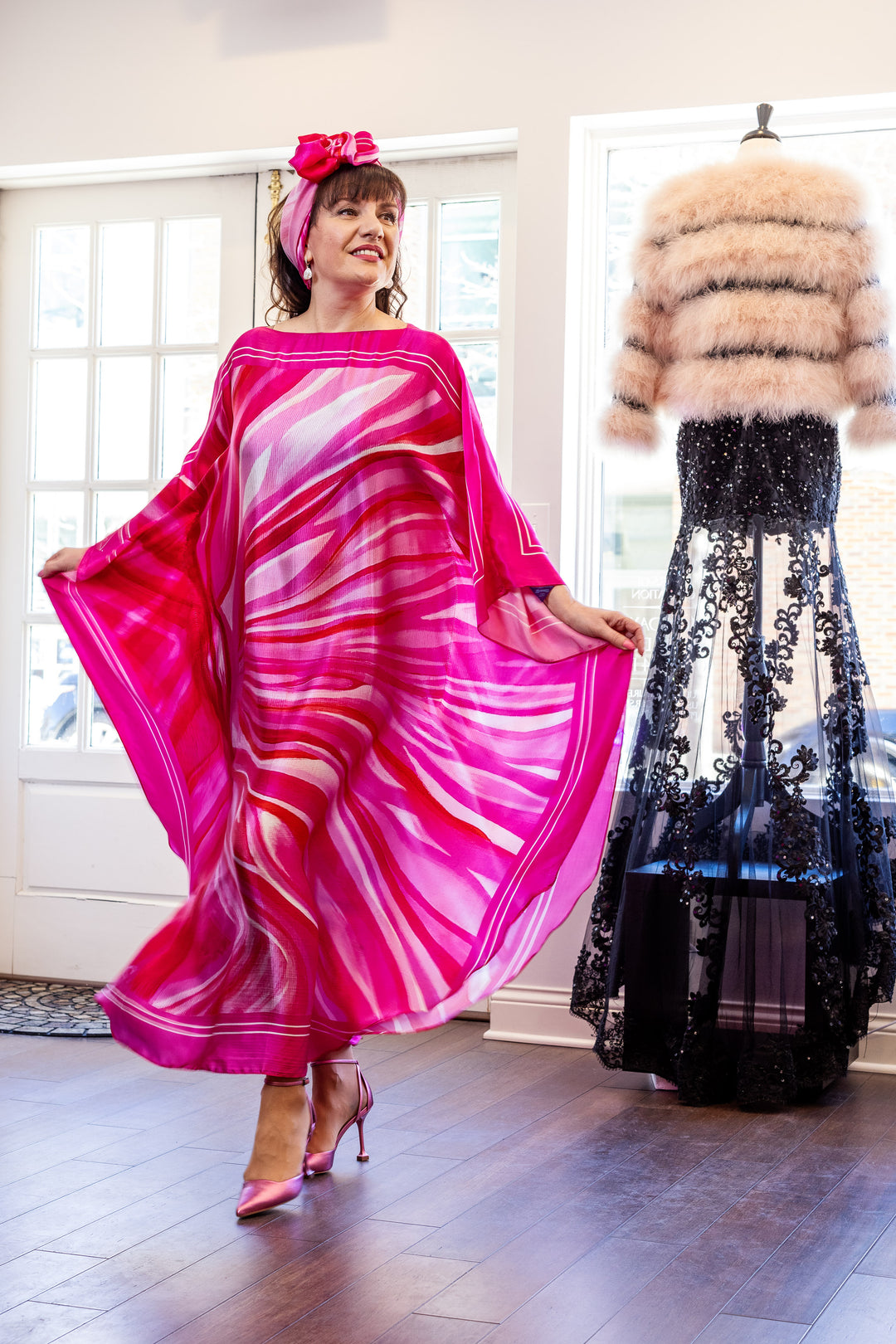 Fashion Designer Alesia Chaika in her PINK LOVE Pure Silk Maxi Caftan at her Fashion House In Lake Forest, IL Art-A-Porte by Alesia C. AlesiaC.com