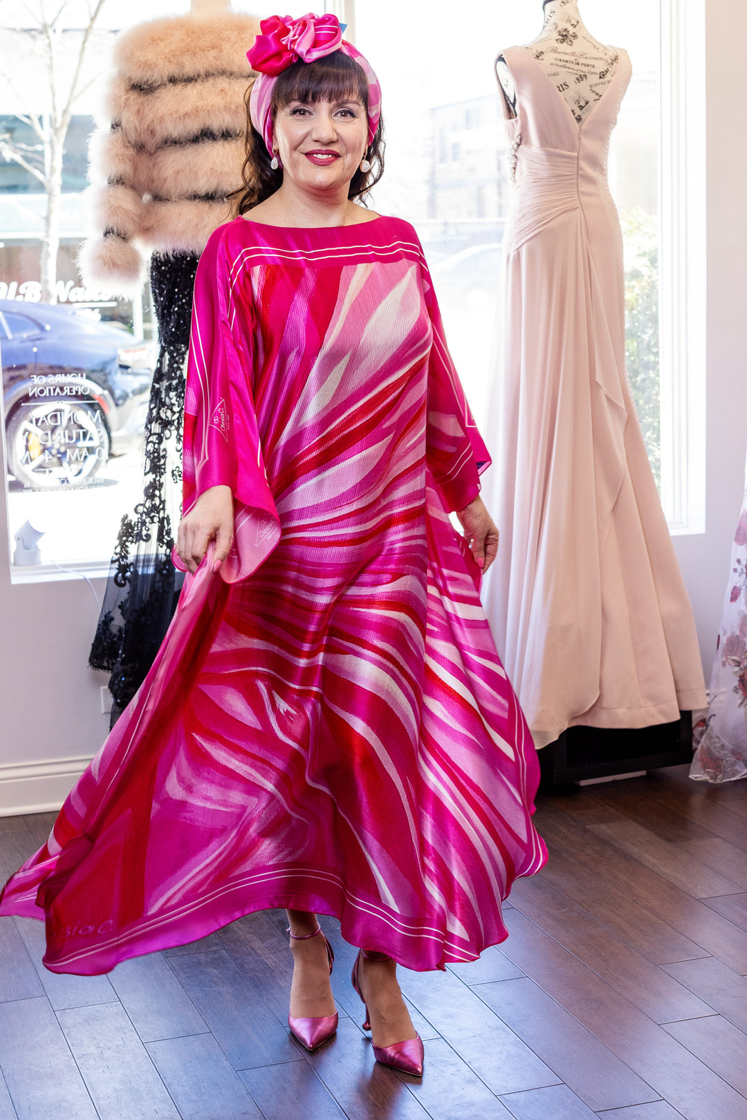 Fashion Designer Alesia Chaika in her PINK LOVE Pure Silk Maxi Caftan at her Fashion House In Lake Forest, IL Art-A-Porte by Alesia C. AlesiaC.com