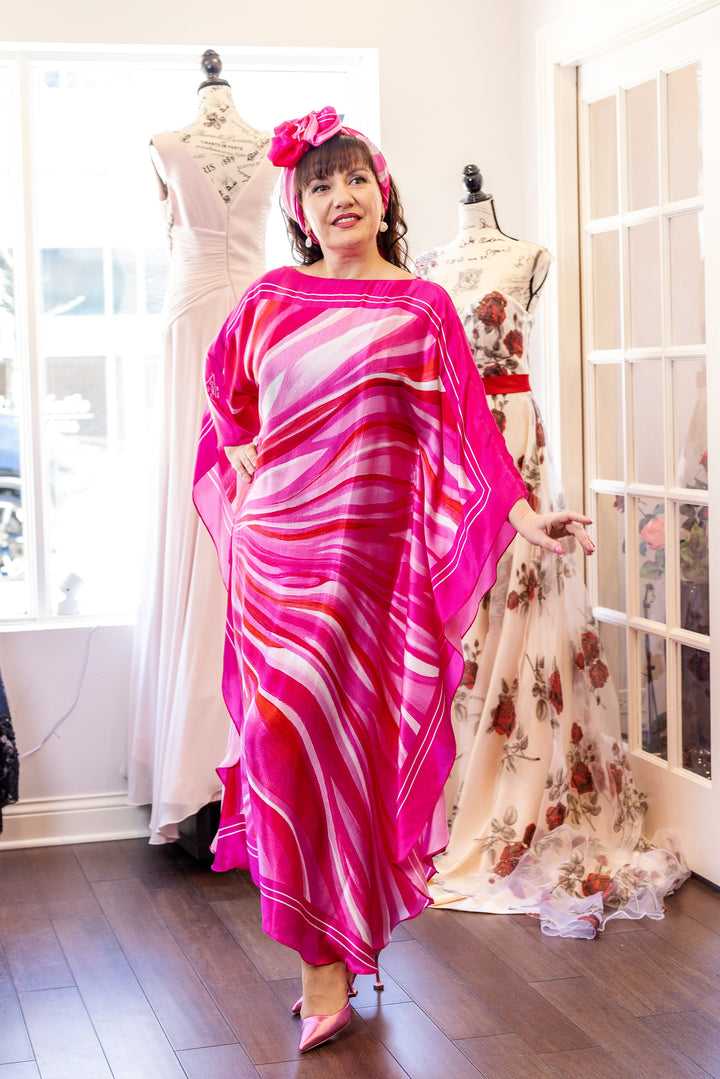 Fashion Designer Alesia Chaika in her PINK LOVE Pure Silk Maxi Caftan at her Fashion House In Lake Forest, IL Art-A-Porte by Alesia C. AlesiaC.com