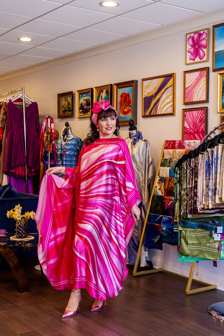 Fashion Designer Alesia Chaika in her PINK LOVE Pure Silk Maxi Caftan at her Fashion House In Lake Forest, IL Art-A-Porte by Alesia C. AlesiaC.com