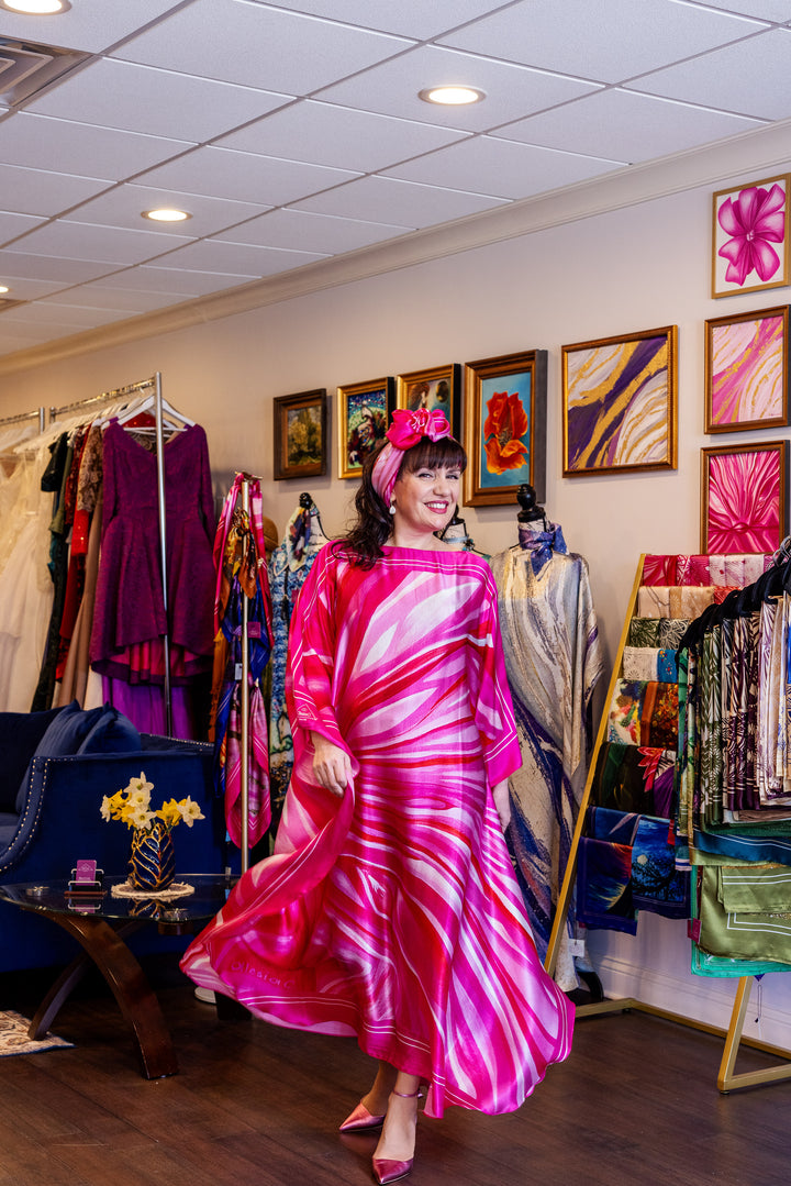 Fashion Designer Alesia Chaika in her PINK LOVE Pure Silk Maxi Caftan at her Fashion House In Lake Forest, IL Art-A-Porte by Alesia C. AlesiaC.com