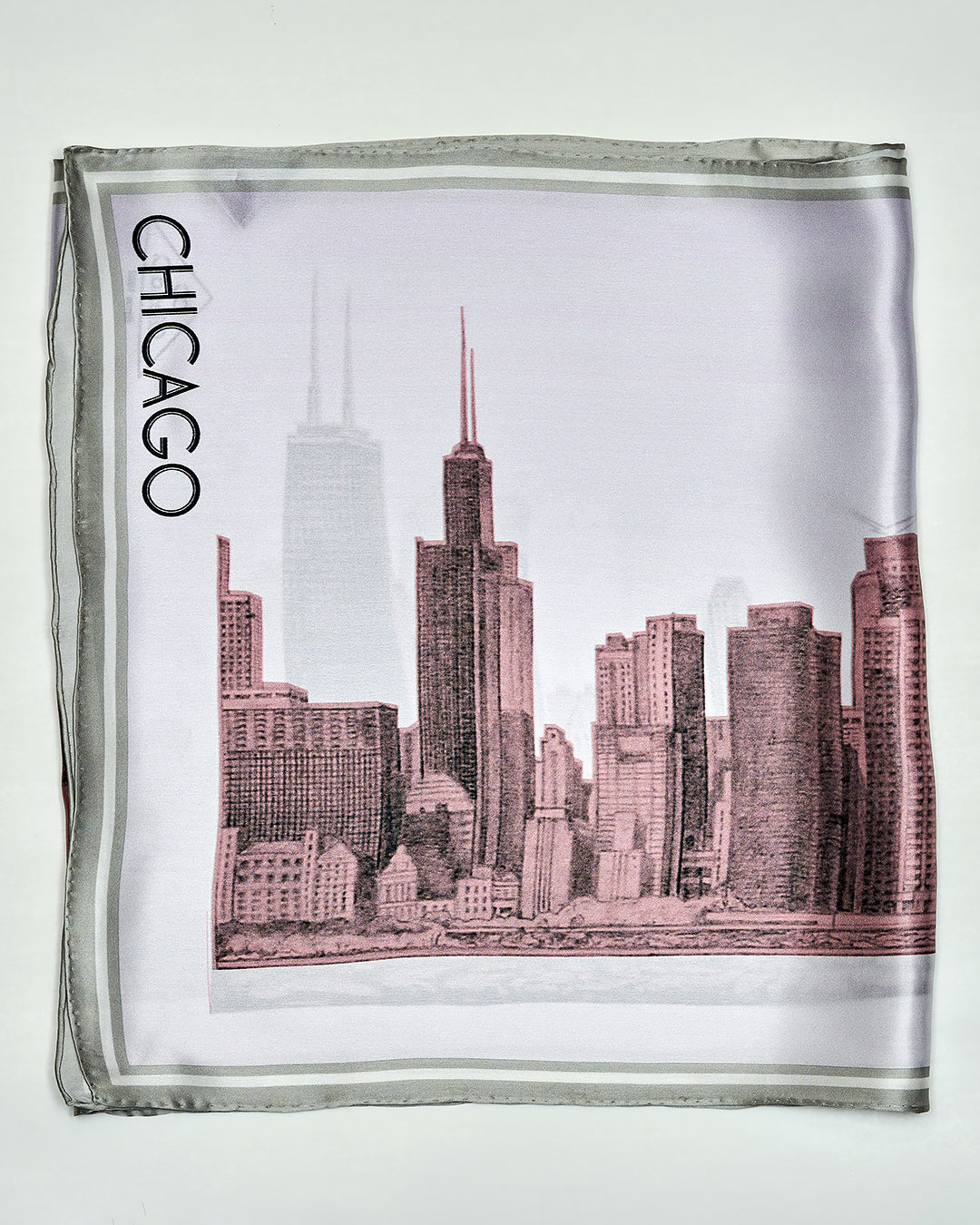 CHICAGO Skyline 100% Silk Oblong Scarf in Blush White