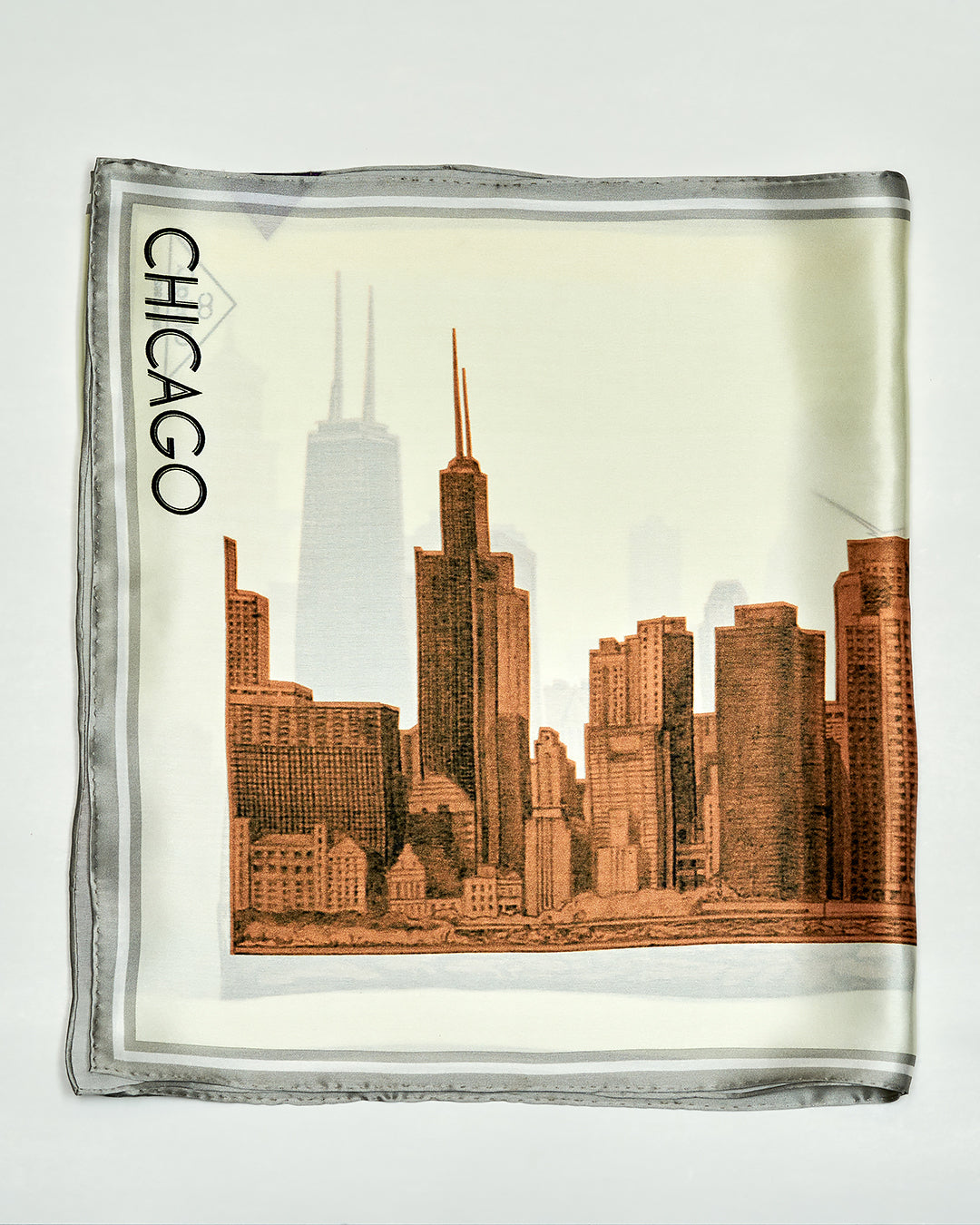 CHICAGO Skyline 100% Silk Oblong Scarf in Gold White