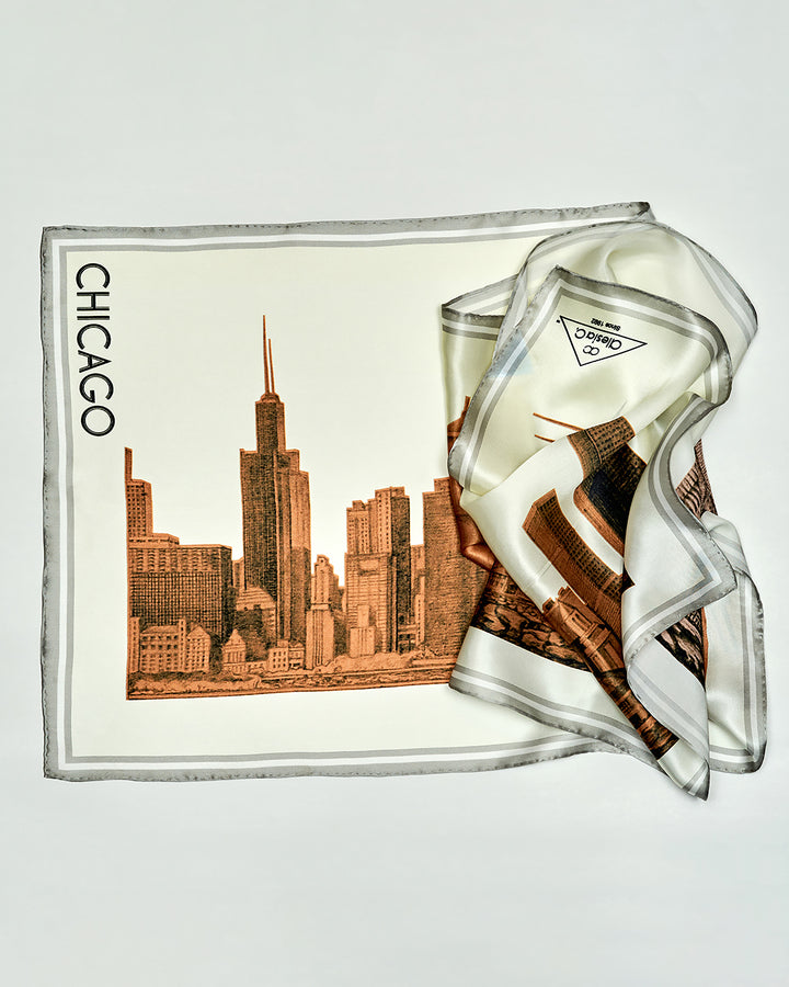 CHICAGO Skyline 100% Silk Oblong Scarf in Gold White