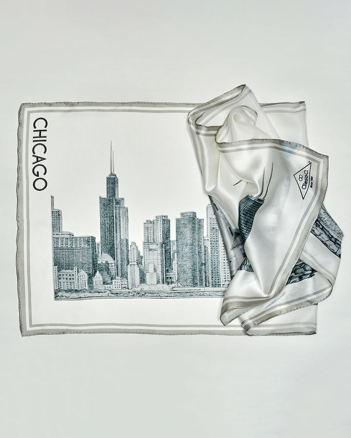 CHICAGO Skyline 100% Silk Oblong Scarf in Gray White