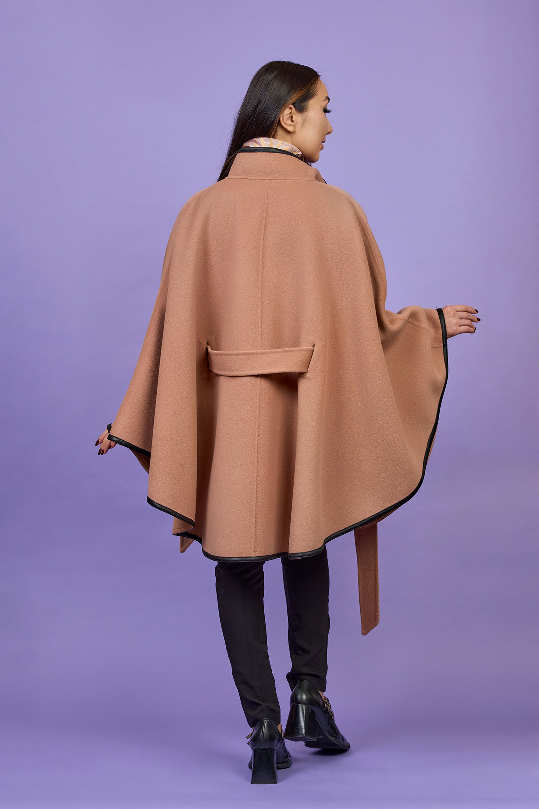 Luxury Rose Beige Belted Cape Coat in Virgin Wool Cashmere With Black Leather Trim in Lake Forest Shop, Illinois, USA fashion designer Alesia C. boutique AlesiaC,com