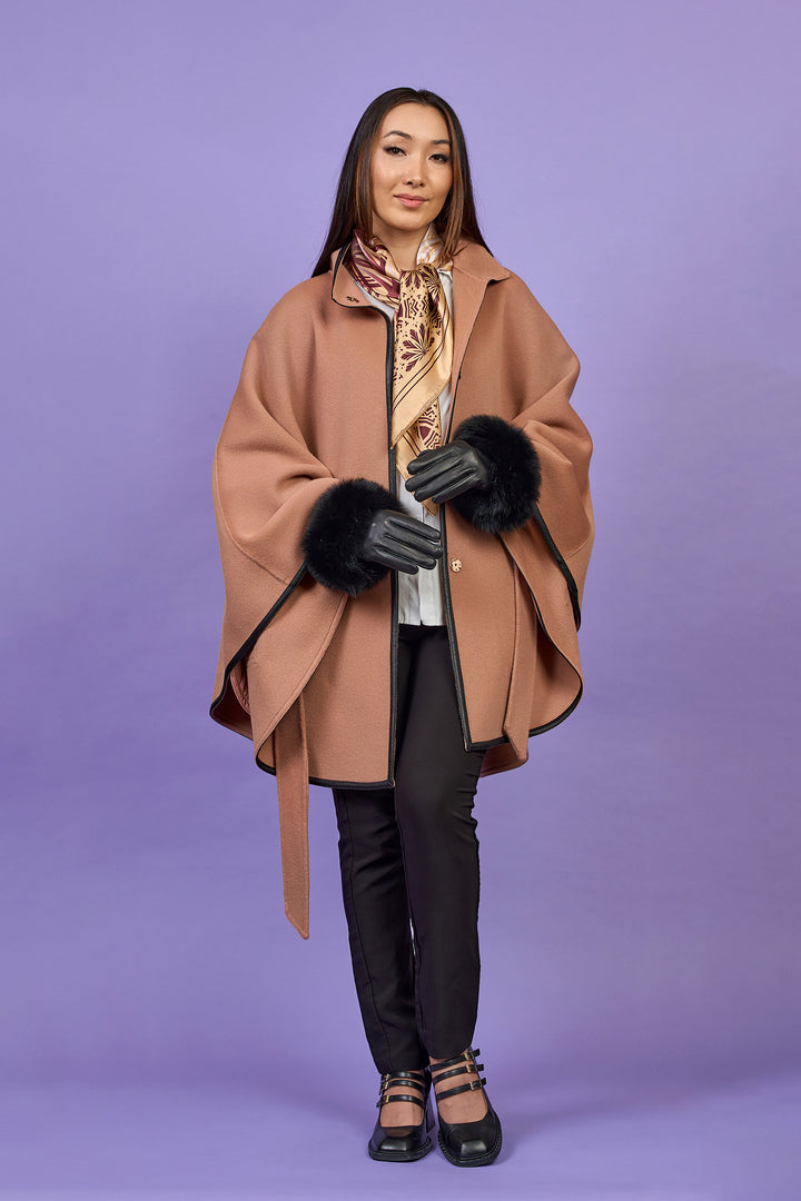 Luxury Rose Beige Belted Cape Coat in Virgin Wool Cashmere With Black Leather Trim in Lake Forest Shop, Illinois, USA fashion designer Alesia C. boutique AlesiaC,com