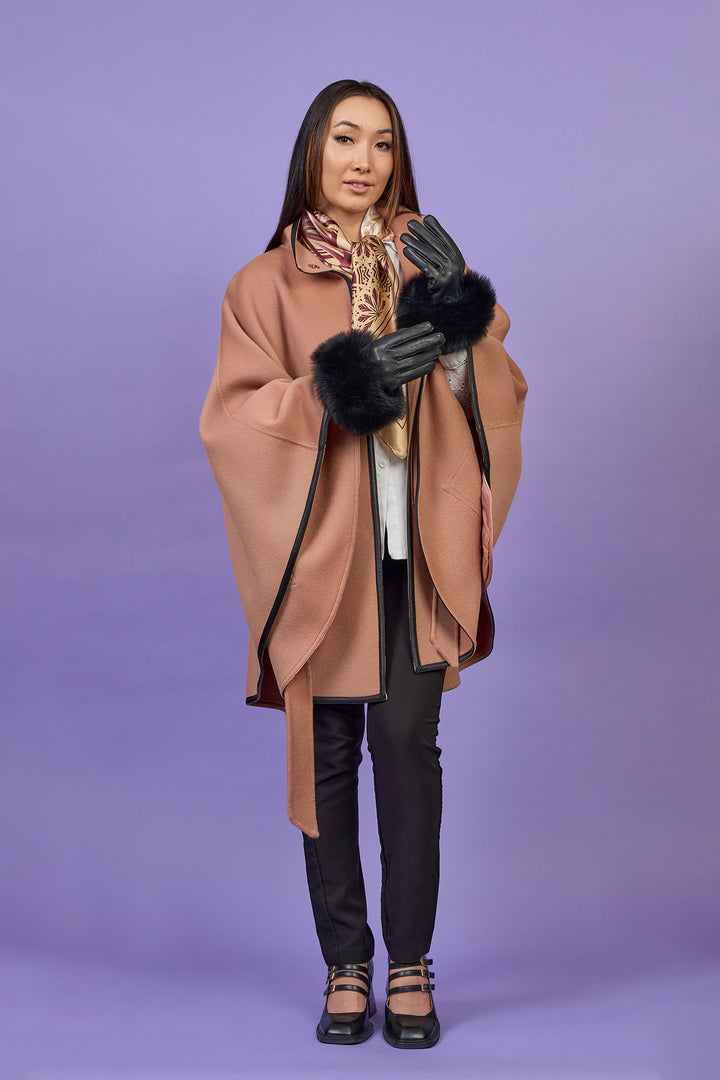 Luxury Rose Beige Belted Cape Coat in Virgin Wool Cashmere With Black Leather Trim in Lake Forest Shop, Illinois, USA fashion designer Alesia C. boutique AlesiaC,com