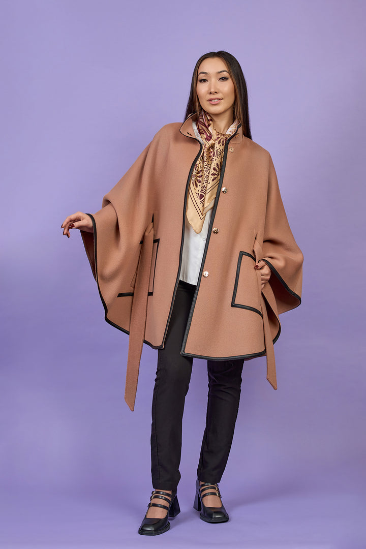 Luxury Rose Beige Belted Cape Coat in Virgin Wool Cashmere With Black Leather Trim in Lake Forest Shop, Illinois, USA fashion designer Alesia C. boutique AlesiaC,com