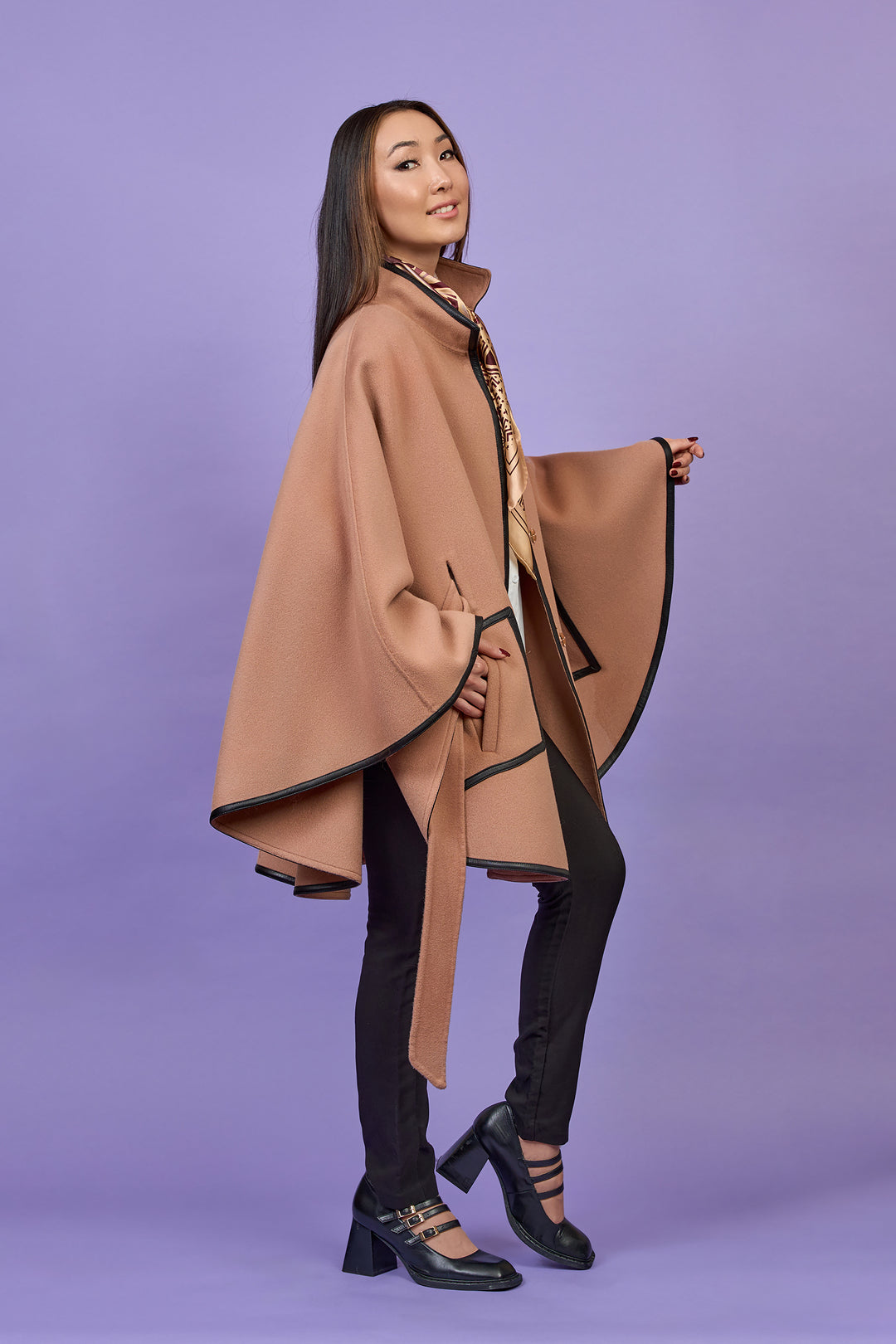 Luxury Designer Mocha Mousse Beige Coat Belted Cape Coat in Virgin Wool Cashmere With Black Leather Trim in Lake Forest Shop, Illinois, USA fashion designer Alesia C. boutique AlesiaC,com