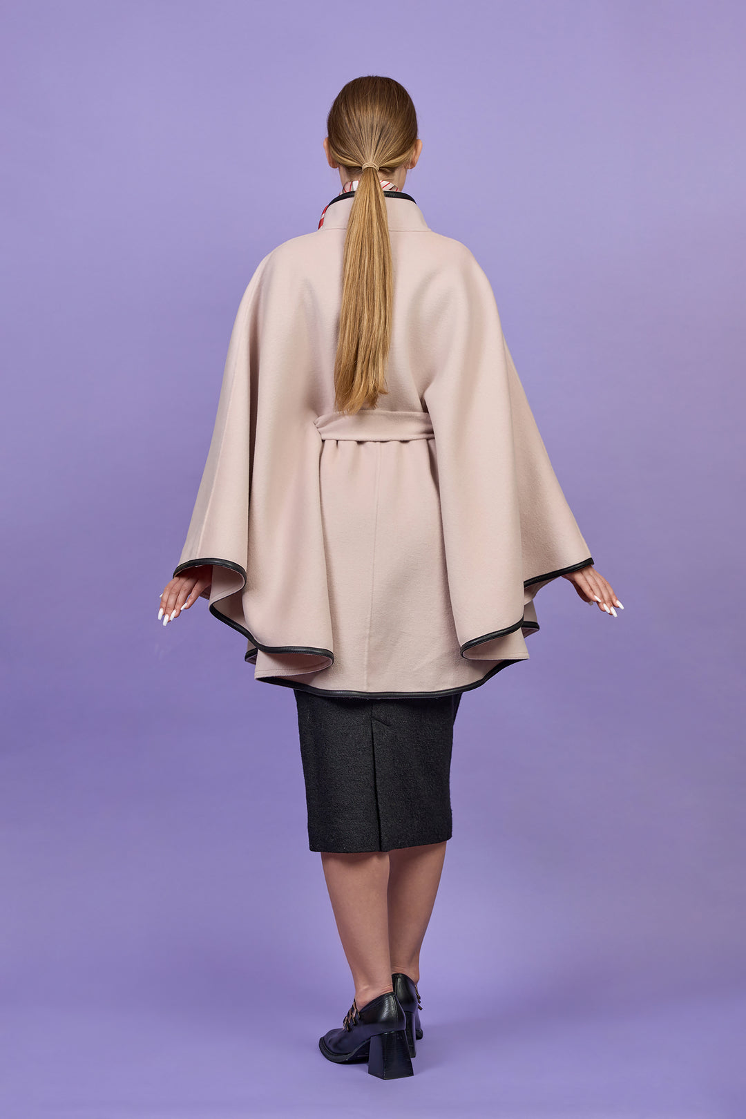 Luxury Blush Ivory Belted Cape Coat in Virgin Wool Cashmere With Black Leather Trim in Lake Forest Shop, Illinois, USA fashion designer Alesia C. boutique AlesiaC,com