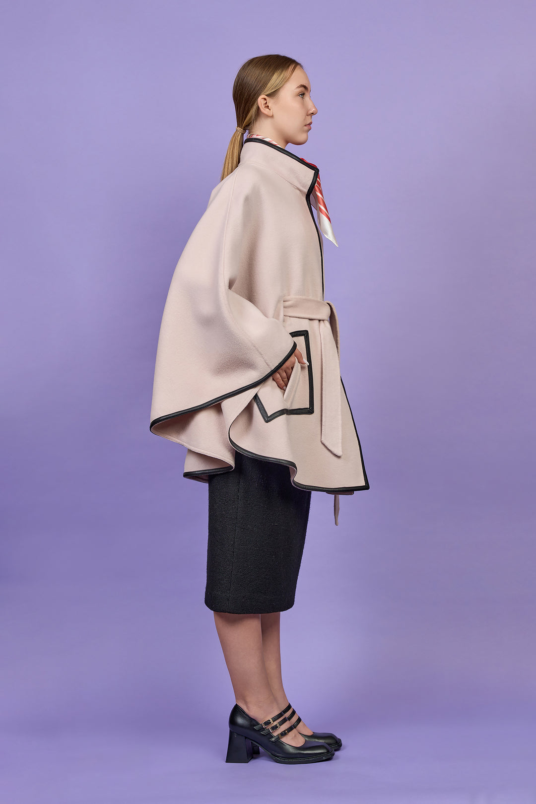 Luxury Blush Ivory Belted Cape Coat in Virgin Wool Cashmere With Black Leather Trim in Lake Forest Shop, Illinois, USA fashion designer Alesia C. boutique AlesiaC,com