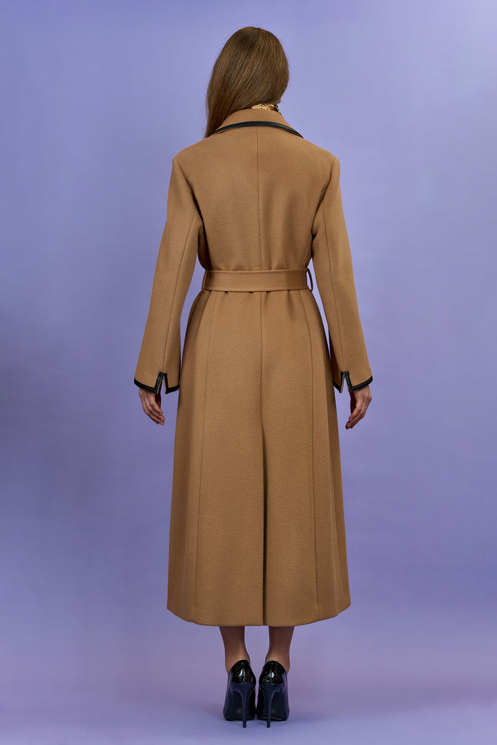 TANYA COUTURE Virgin Wool Cashmere Camel Belted Tailred Long Coat