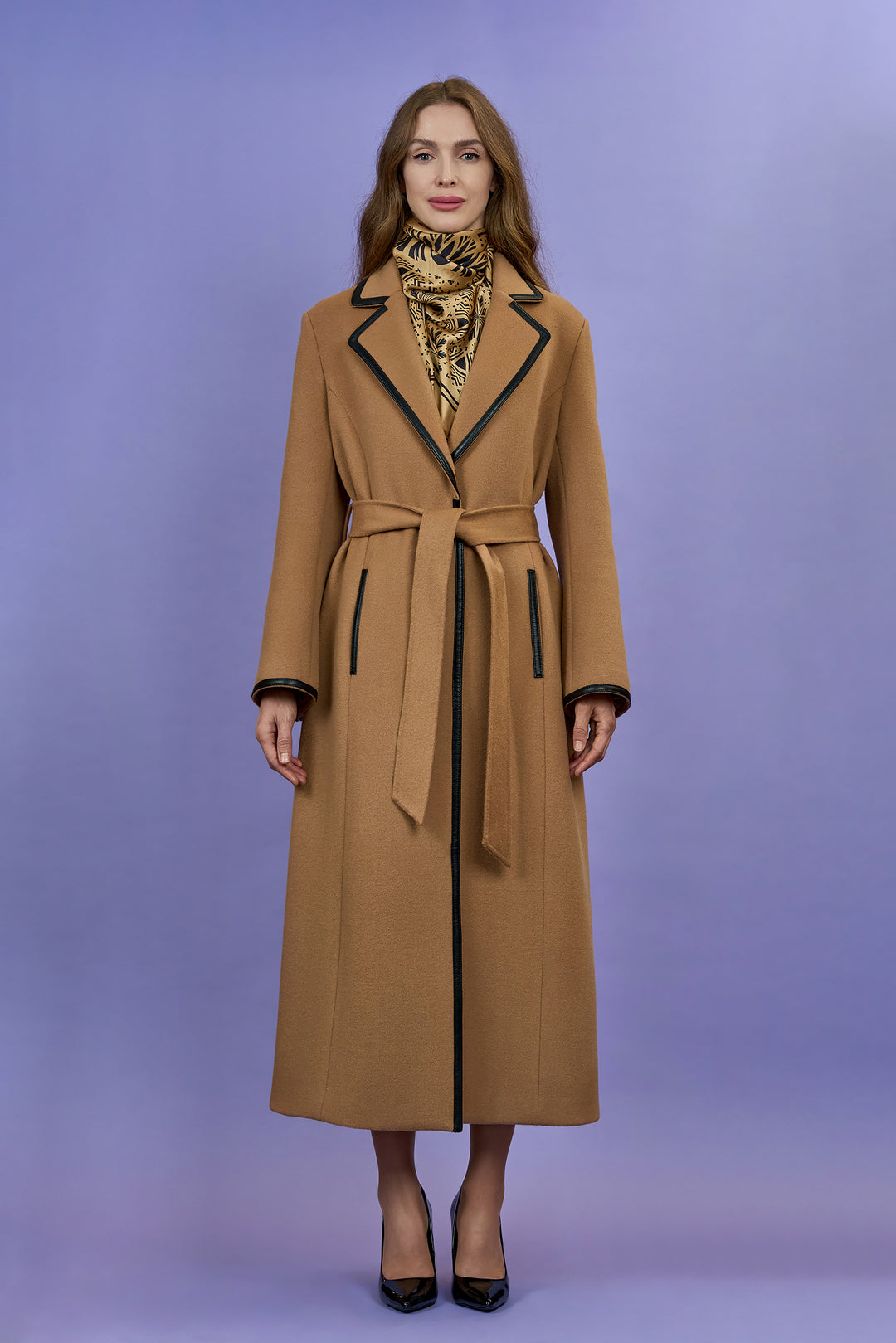 TANYA COUTURE Virgin Wool Cashmere Camel Belted Tailred Long Coat