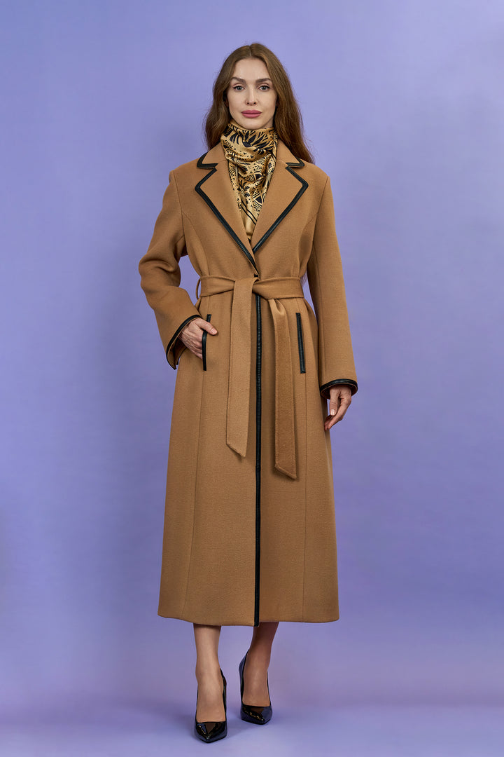 TANYA COUTURE Virgin Wool Cashmere Camel Belted Tailred Long Coat