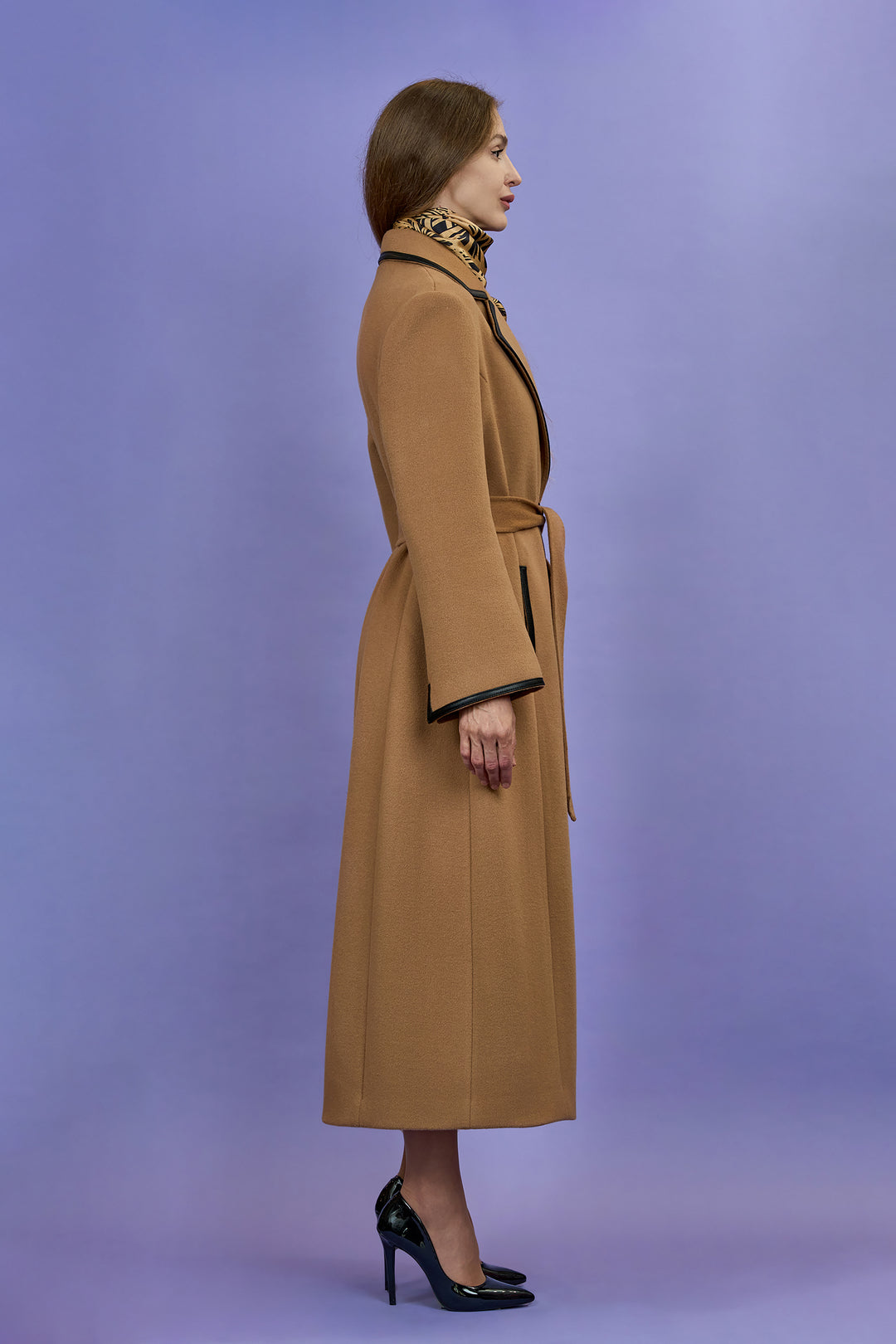 TANYA COUTURE Virgin Wool Cashmere Camel Belted Tailred Long Coat