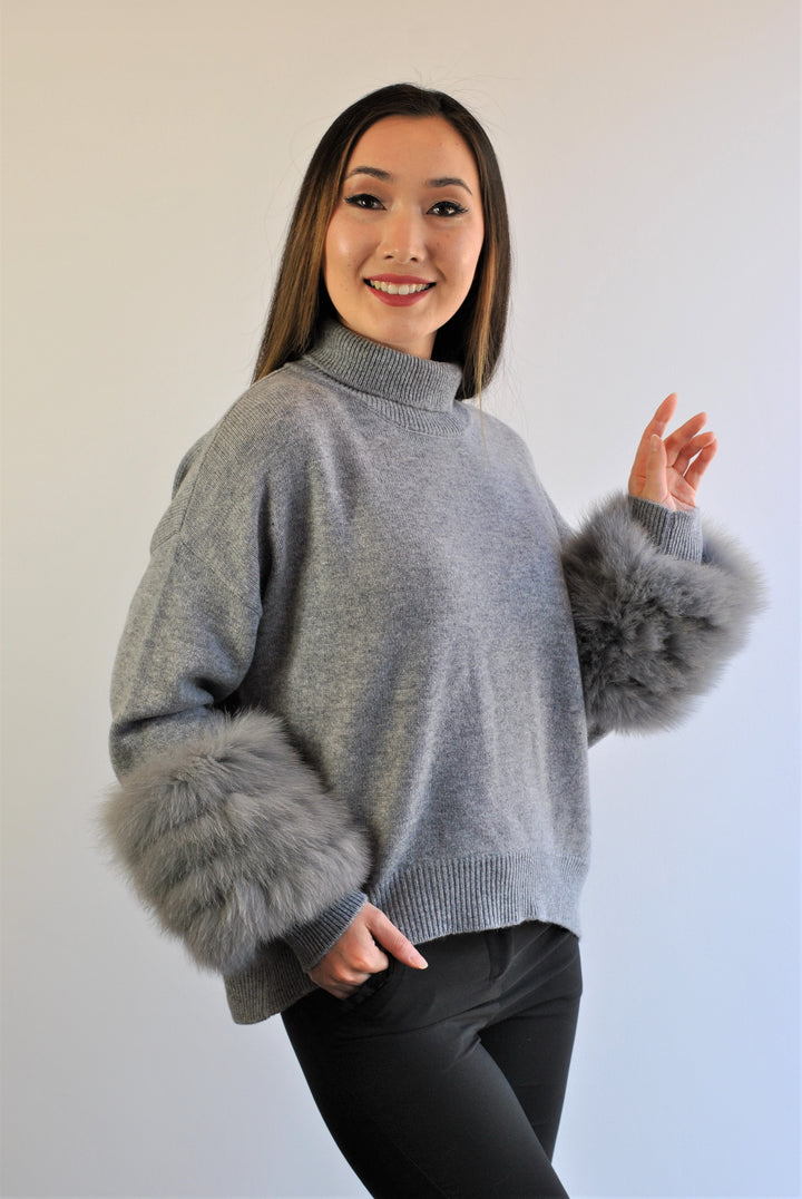 JEN Detachable Fox Fur Cuff Luxury Merino Wool Pullover Sweater With Removable Fur Cuffs in Ash Grey by Alesia C. AlesiaC.com