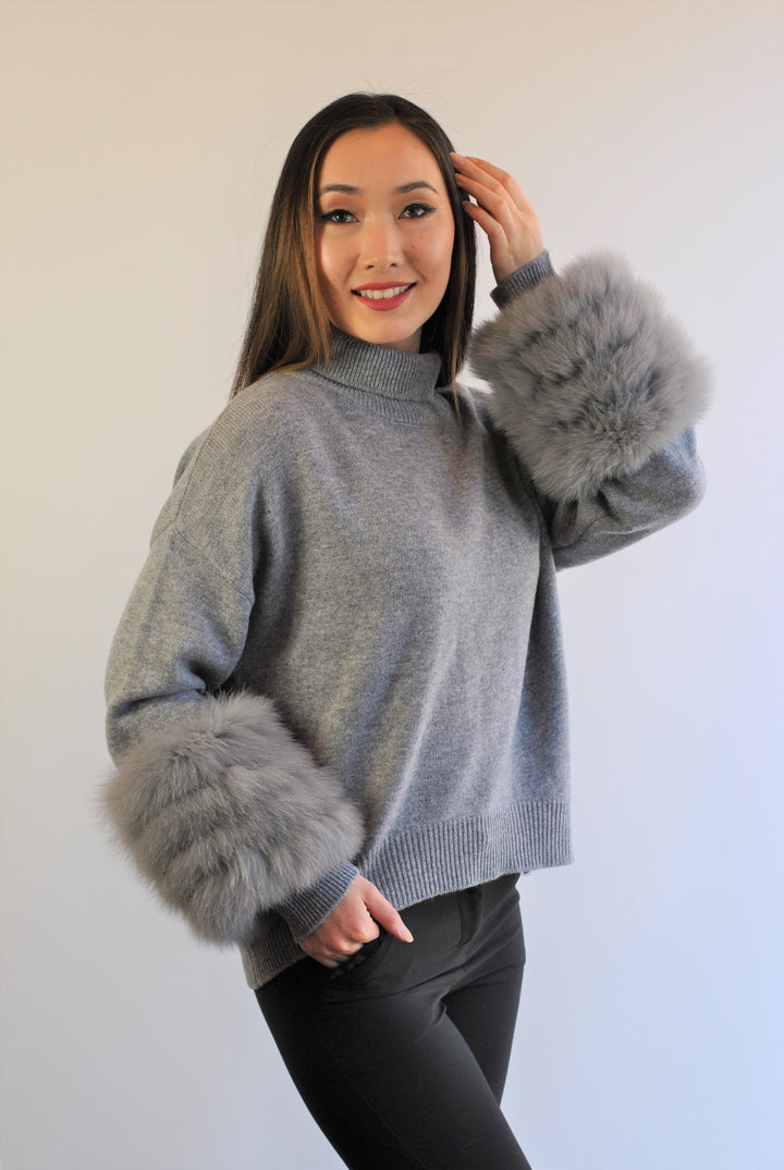 JEN Detachable Fox Fur Cuff Luxury Merino Wool Pullover Sweater With Removable Fur Cuffs in Ash Grey by Alesia C. AlesiaC.com