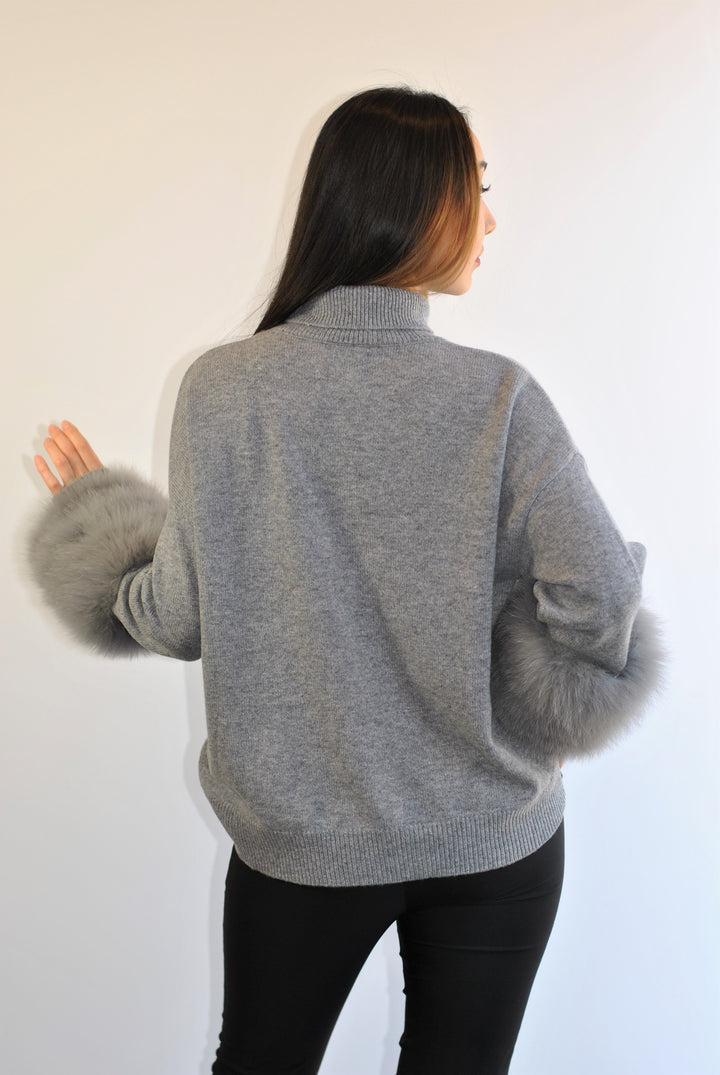 JEN Detachable Fox Fur Cuff Luxury Merino Wool Pullover Sweater With Removable Fur Cuffs in Ash Grey by Alesia C. AlesiaC.com