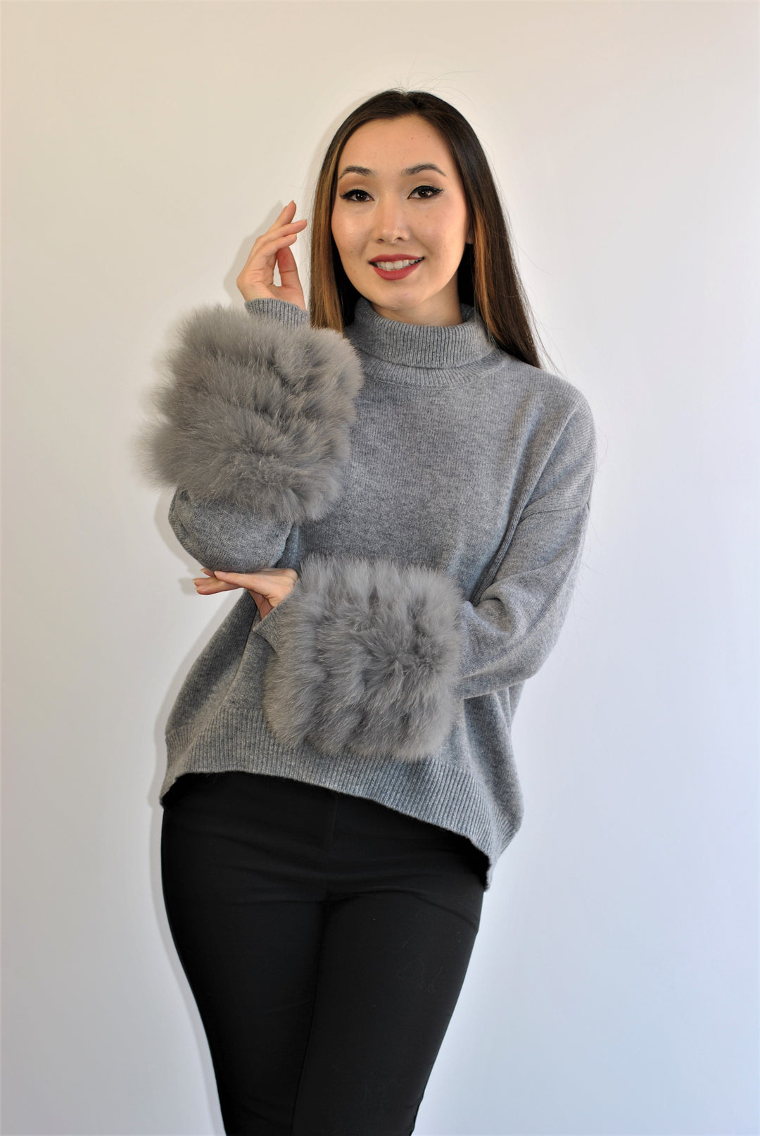 JEN Detachable Fox Fur Cuff Luxury Merino Wool Pullover Sweater With Removable Fur Cuffs in Ash Grey by Alesia C. AlesiaC.com