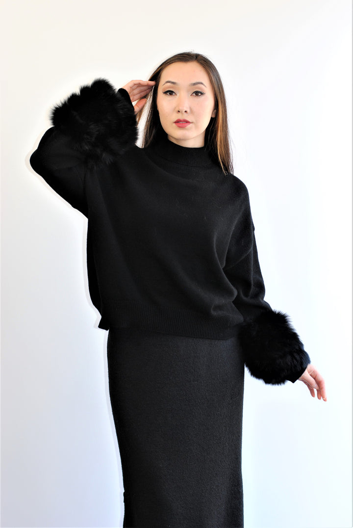 JEN Detachable Fox Fur Cuff Luxury Merino Wool Pullover Sweater With Removable Fur Cuffs in Black by Alesia C. AlesiaC.com