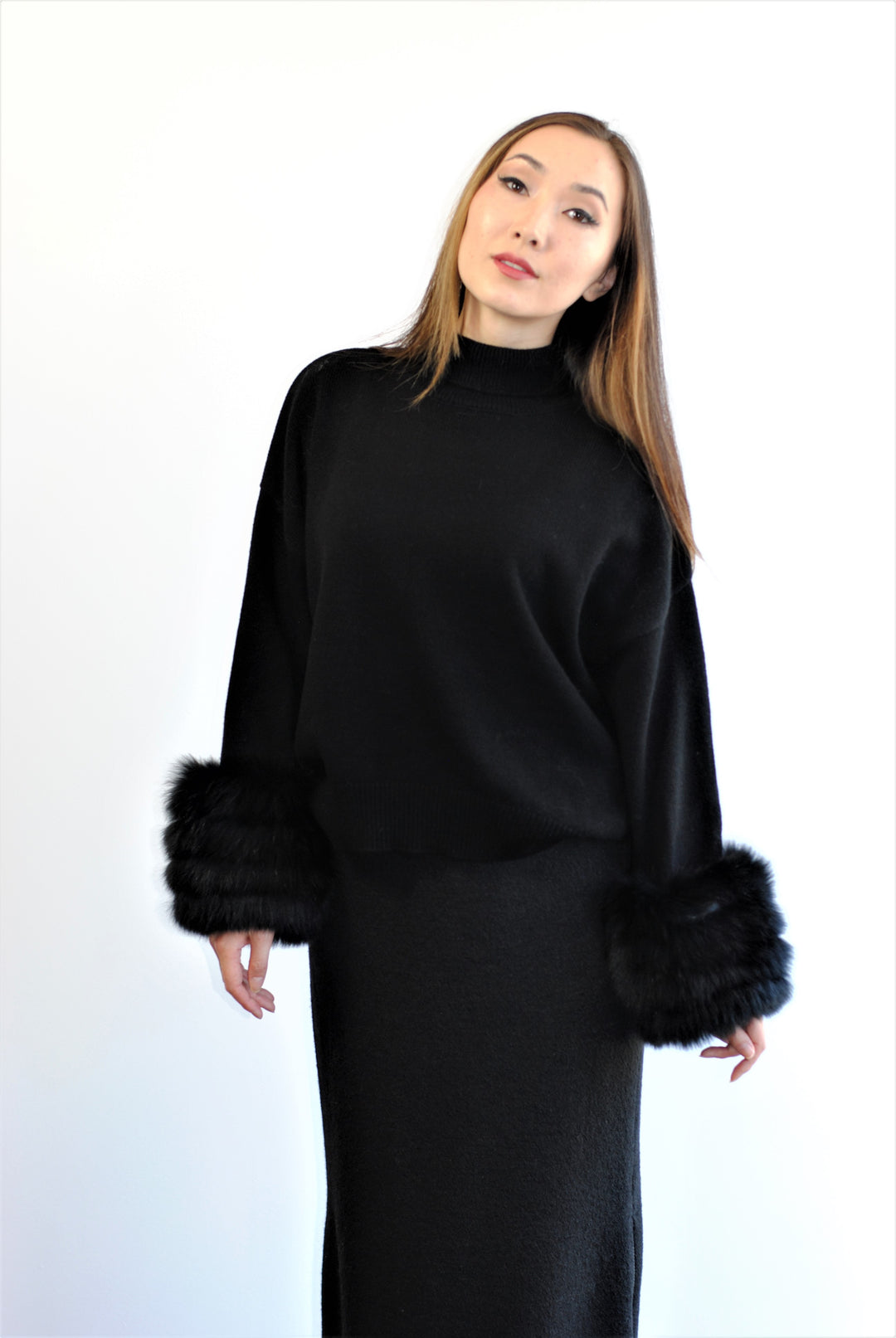 JEN Detachable Fox Fur Cuff Luxury Merino Wool Pullover Sweater With Removable Fur Cuffs in Black by Alesia C. AlesiaC.com