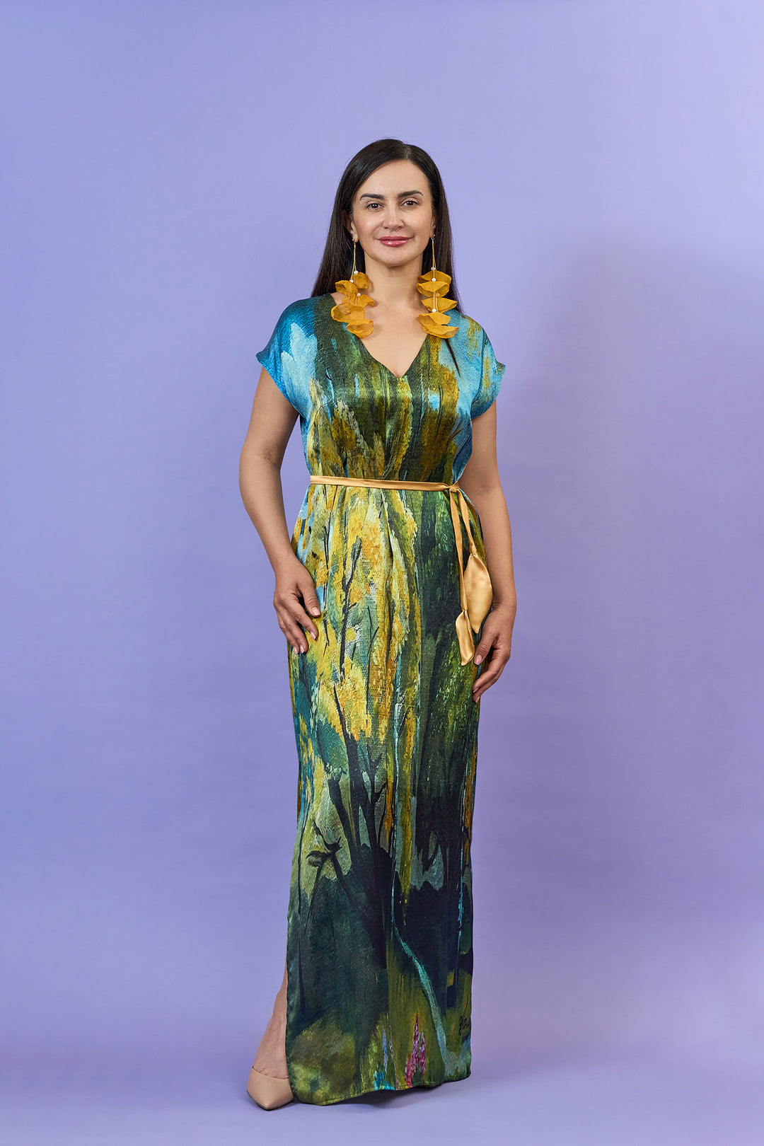 Designer Alesia C. 100% Silk Straight Caftan Slit Belted Dress in Gold Forest Green AlesiaC.com Art-A-Porte