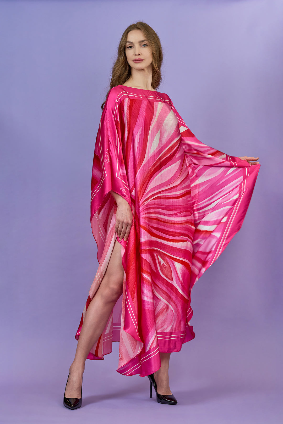 Designer Alesia C. PINK LOVE 100% Silk Charmeuse Maxi Caftan Dress in Pink Blush, Styled. AlesiaC.com