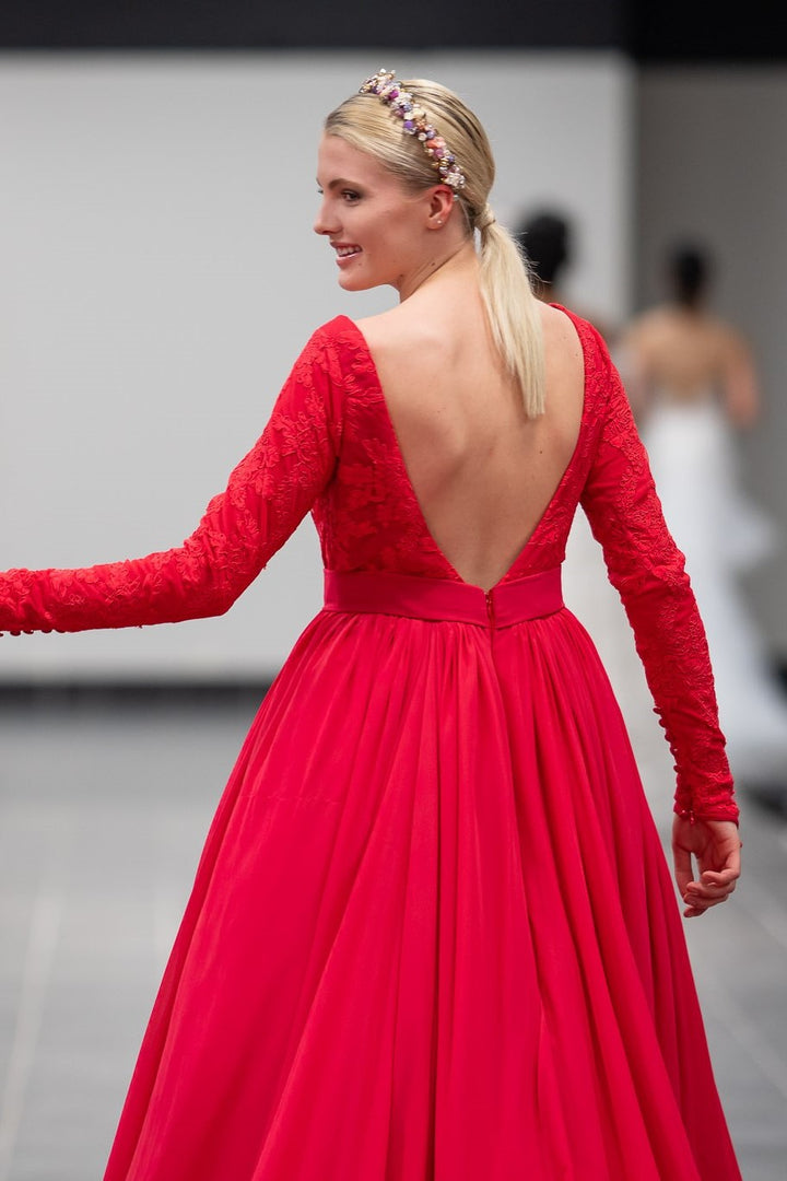 Alesia C. GODDESS Red Boat Neckline Lace Bodice Long Sleeves Lace Open Low Back A-Line Chiffon Haute Couture Gown