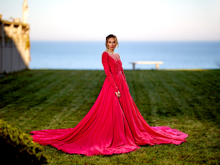 Alesia C. GODDESS Red Boat Neckline Lace Bodice Long Sleeves Lace Open Low Back A-Line Chiffon Haute Couture Gown