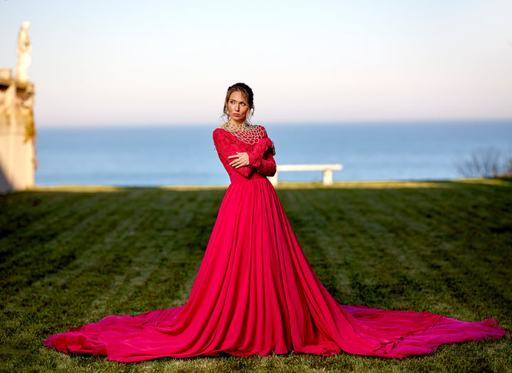 Alesia C. GODDESS Red Boat Neckline Lace Bodice Long Sleeves Lace Open Low Back A-Line Chiffon Haute Couture Gown