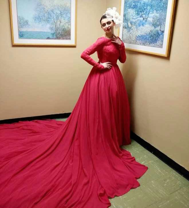 Alesia C. GODDESS Red Boat Neckline Lace Bodice Long Sleeves Lace Open Low Back A-Line Chiffon Haute Couture Gown