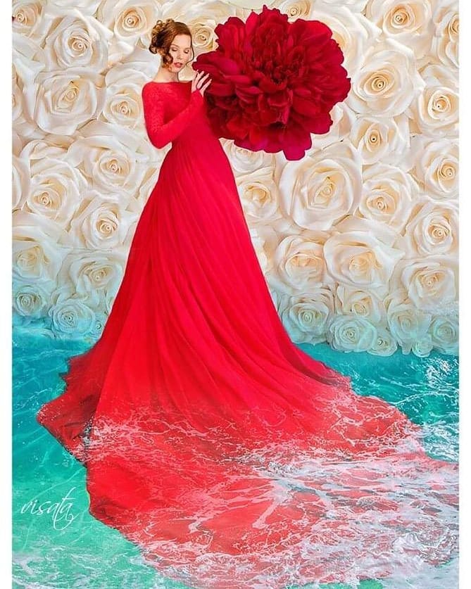 Alesia C. GODDESS Red Boat Neckline Lace Bodice Long Sleeves Lace Open Low Back A-Line Chiffon Haute Couture Gown