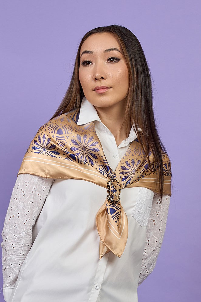 Designer Navy Blue and Gold Flower Of Life Mandala Luxury 100% Silk Scarf by Alesia Chaika AlesiaC.com