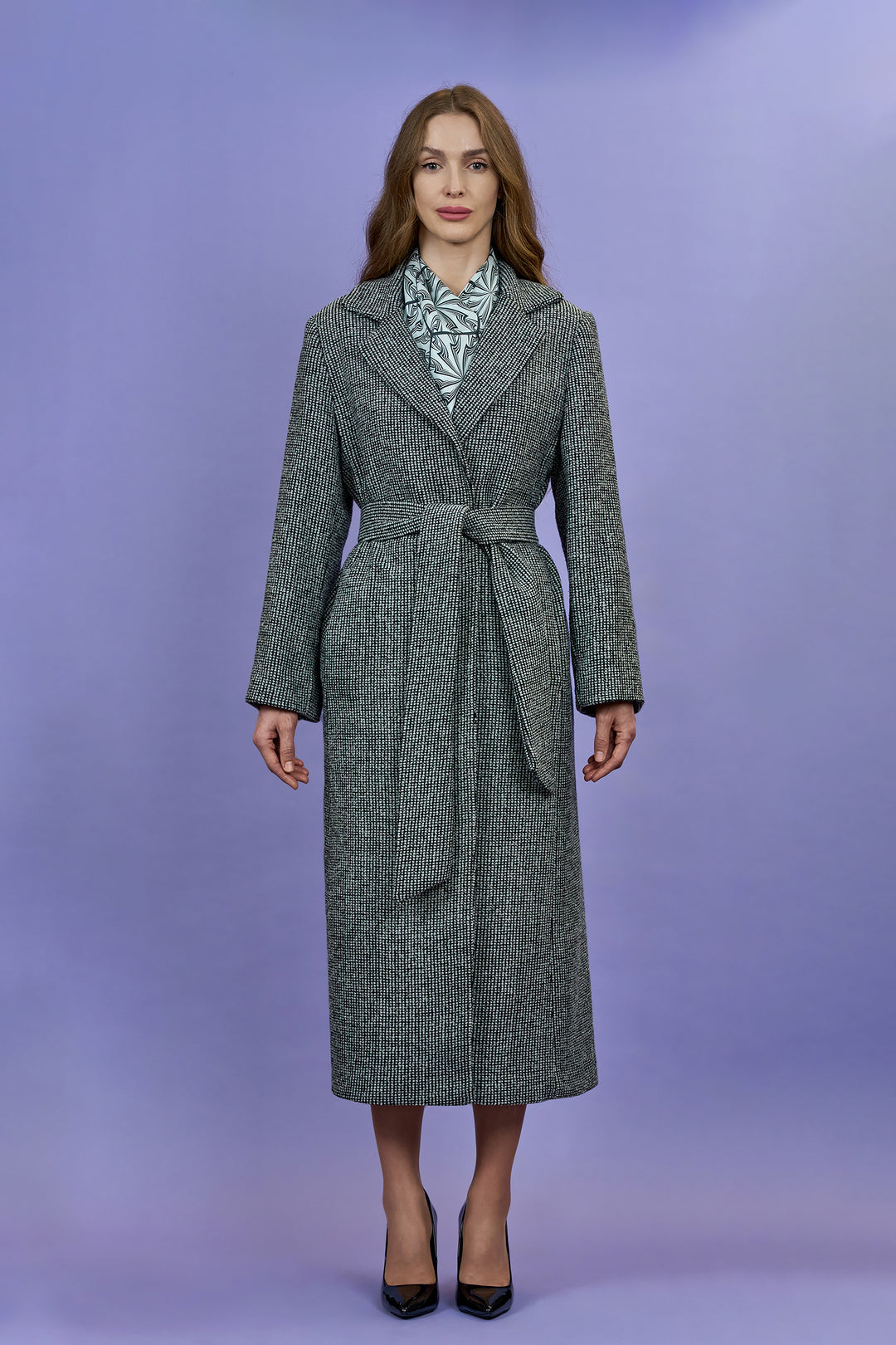 COUTURE LUREX Tweed Black Grey Belted Long Tailored Coat