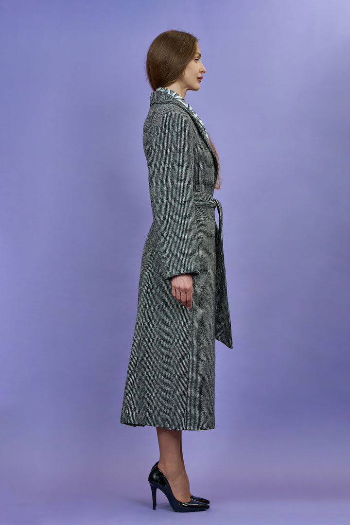 COUTURE LUREX Tweed Black Grey Belted Long Tailored Coat