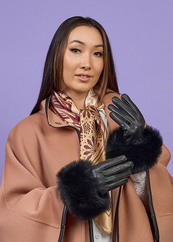 Lady Fox Fur Cuff Black Genuine Real Leather Gloves by Alesia C. AlesiaC.com 