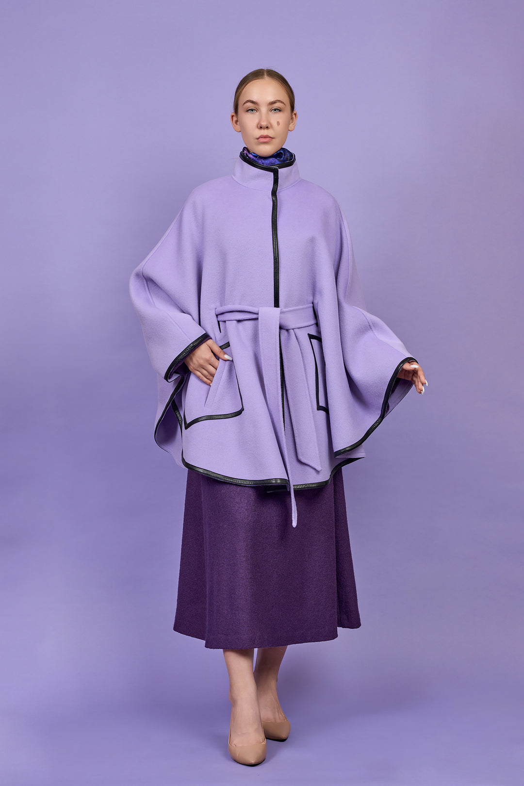 Luxury Lavender Belted Cape Coat in Virgin Wool Cashmere With Black Leather Trim in Lake Forest Shop, Illinois, USA fashion designer Alesia C. boutique AlesiaC,com