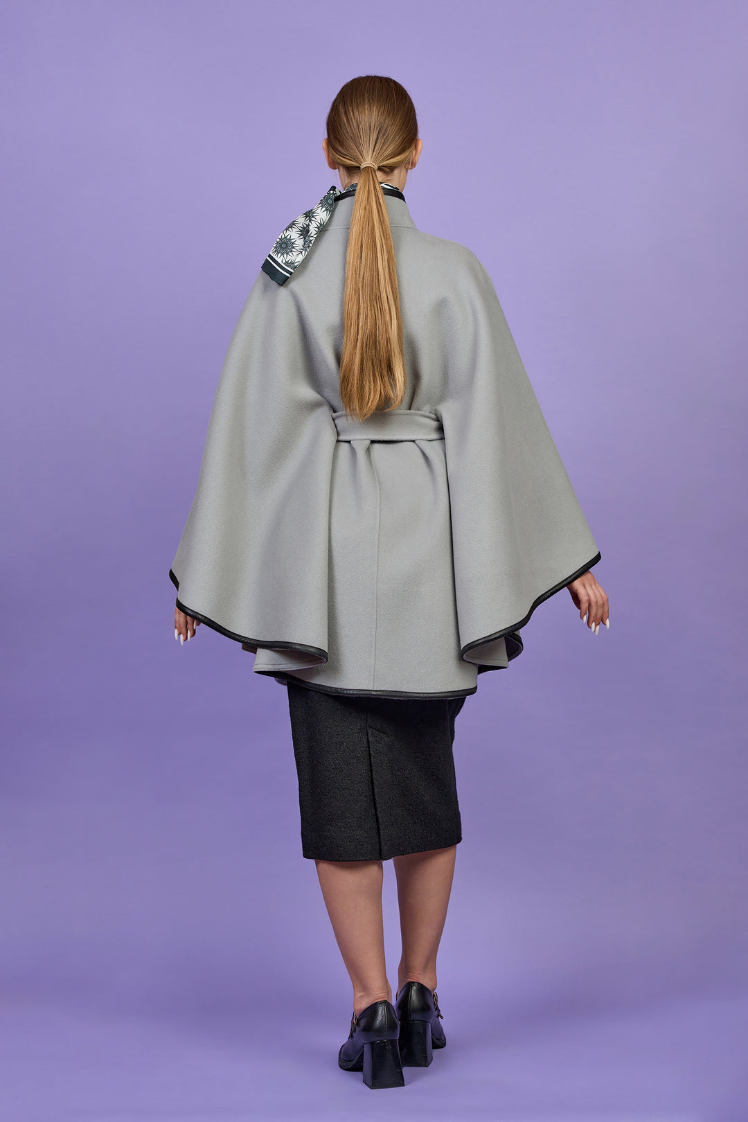 Luxury Light Grey Belted Cape Coat in Virgin Wool Cashmere With Black Leather Trim in Lake Forest Shop, Illinois, USA fashion designer Alesia C. boutique AlesiaC,com