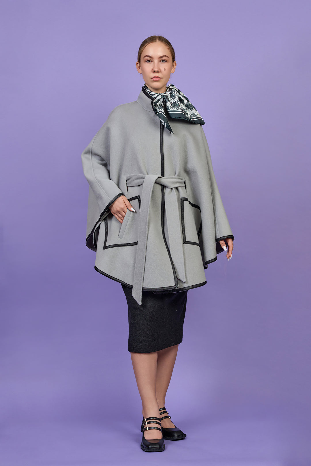 Luxury Light Grey Belted Cape Coat in Virgin Wool Cashmere With Black Leather Trim in Lake Forest Shop, Illinois, USA fashion designer Alesia C. boutique AlesiaC,com