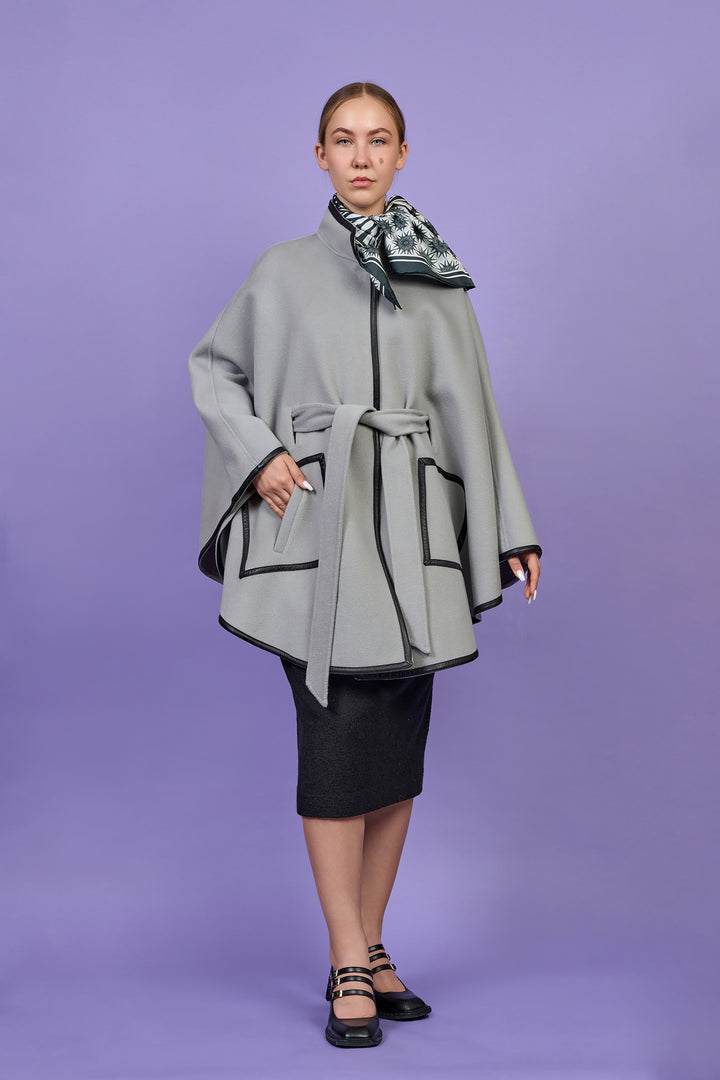 Luxury Light Grey Belted Cape Coat in Virgin Wool Cashmere With Black Leather Trim in Lake Forest Shop, Illinois, USA fashion designer Alesia C. boutique AlesiaC,com