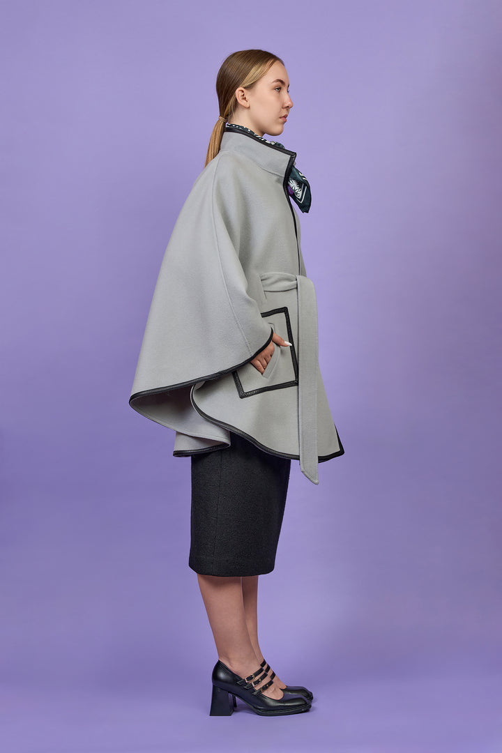 Luxury Light Grey Belted Cape Coat in Virgin Wool Cashmere With Black Leather Trim in Lake Forest Shop, Illinois, USA fashion designer Alesia C. boutique AlesiaC,com