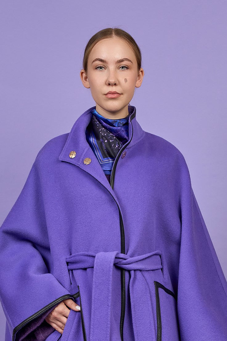 Luxury Purple Belted Cape Coat in Virgin Wool Cashmere With Black Leather Trim in Lake Forest Shop, Illinois, USA fashion designer Alesia C. boutique AlesiaC,com