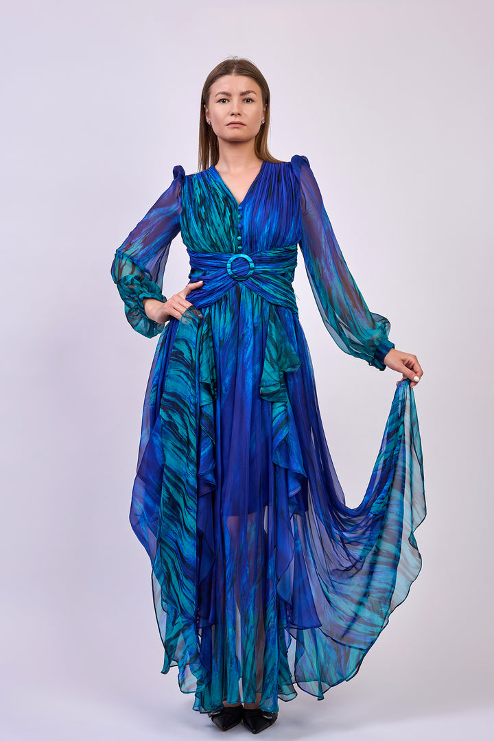 Royal Blue Green Long Blouson Sleeves A Line Chiffon Evening Gown With Front Slits